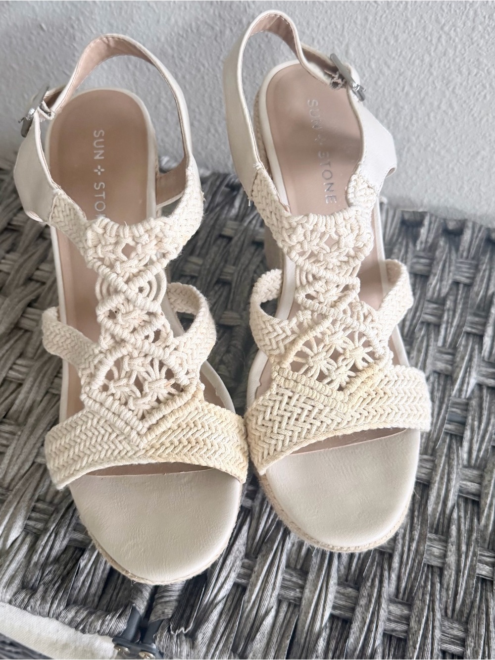 Sun + Stone Cream Macramé Wedge Sandals